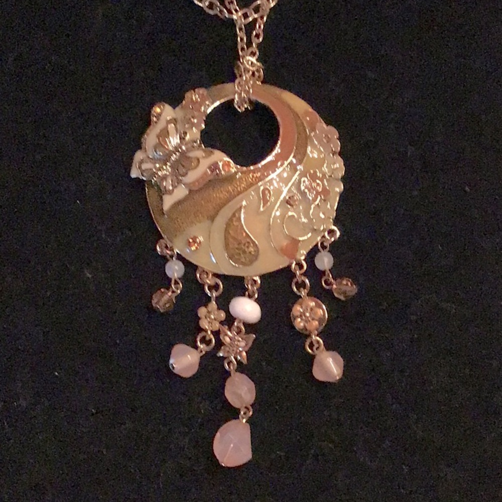 New Fashion Long Double Chain Enamel Necklace, 24”L w/ 3” ext. Goldtone